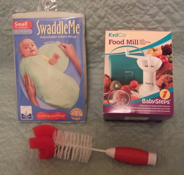 Bottle brush, SwaddleMe and food mill